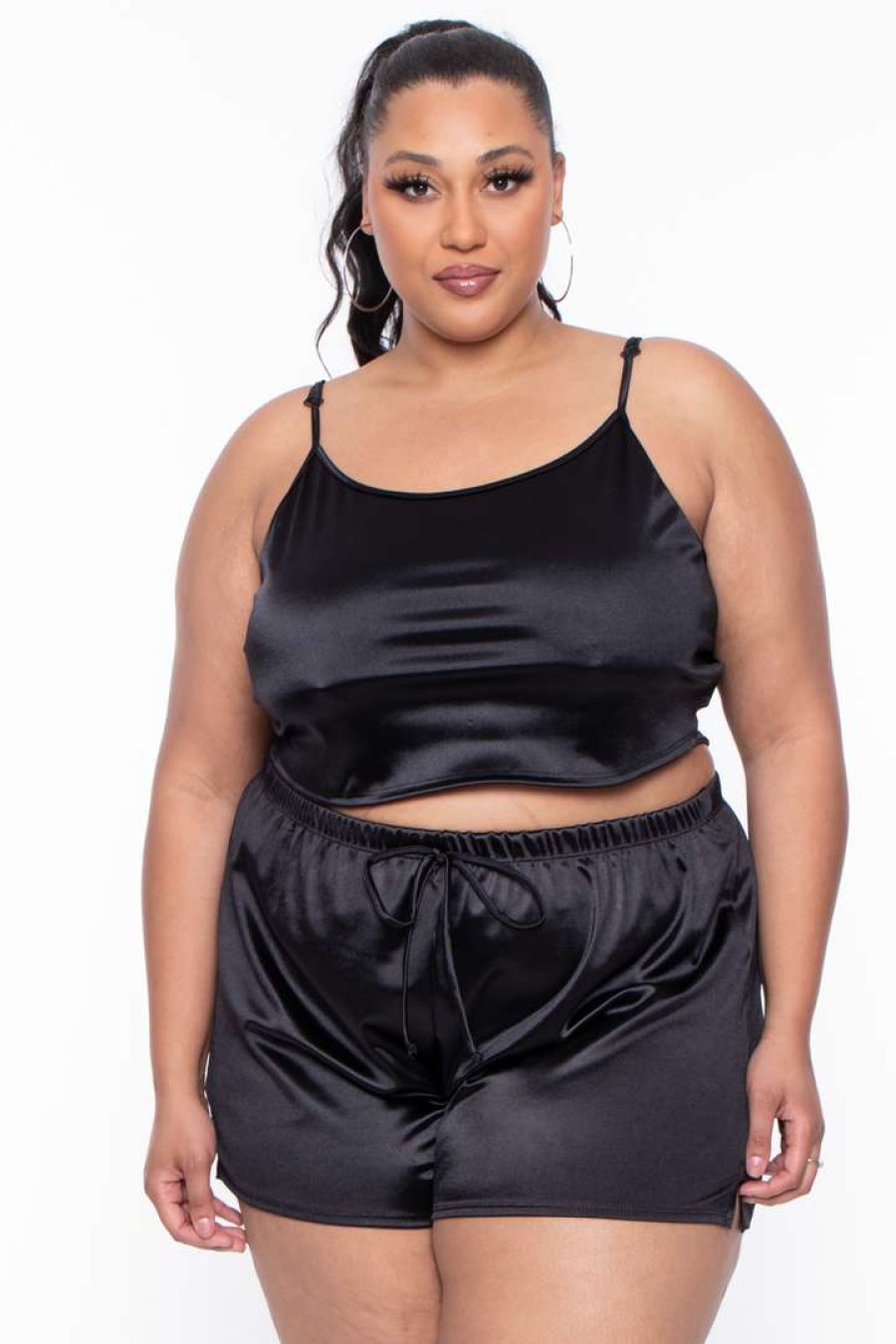 Sets * | Curvy Sense Plus Size Amirah Satin Slip Set Matching Sets Black