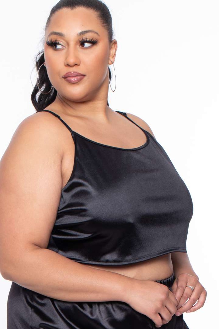 Sets * | Curvy Sense Plus Size Amirah Satin Slip Set Matching Sets Black