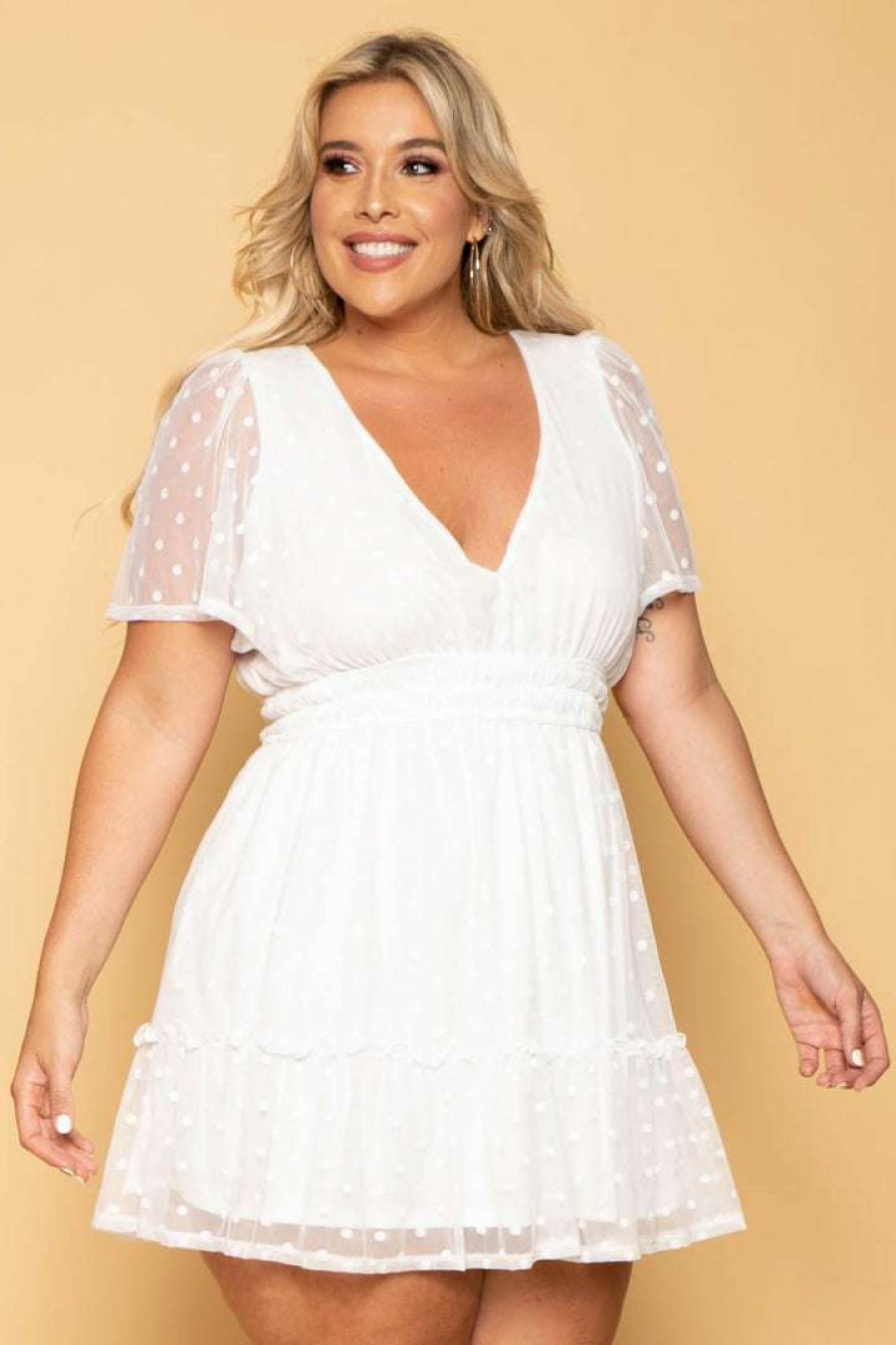 Dresses * | Curvy Sense Plus Size Krysta Polka Dot Mesh Dress New Arrivals Ivory