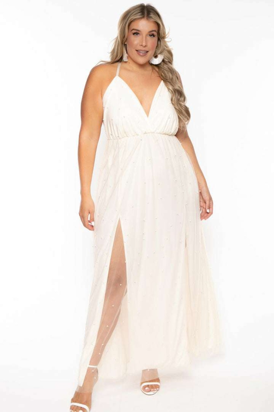 Dresses * | Symphony New Arrivals Plus Size Ariana Maxi Pearl Dress Ivory