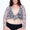 Sets * | Curvy Sense Plus Size Zebra Mesh Front Tie Crop Top White