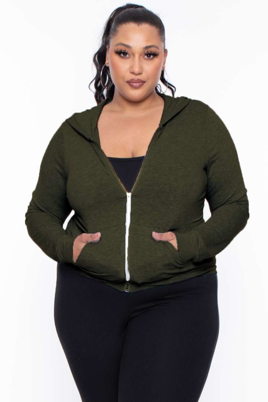 Sets * | Curvy Sense Essential Mix Plus Size Essential Cropped Zip-Up Hoodie Olive