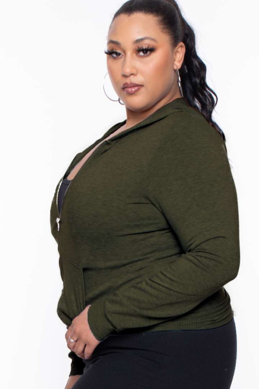 Sets * | Curvy Sense Essential Mix Plus Size Essential Cropped Zip-Up Hoodie Olive