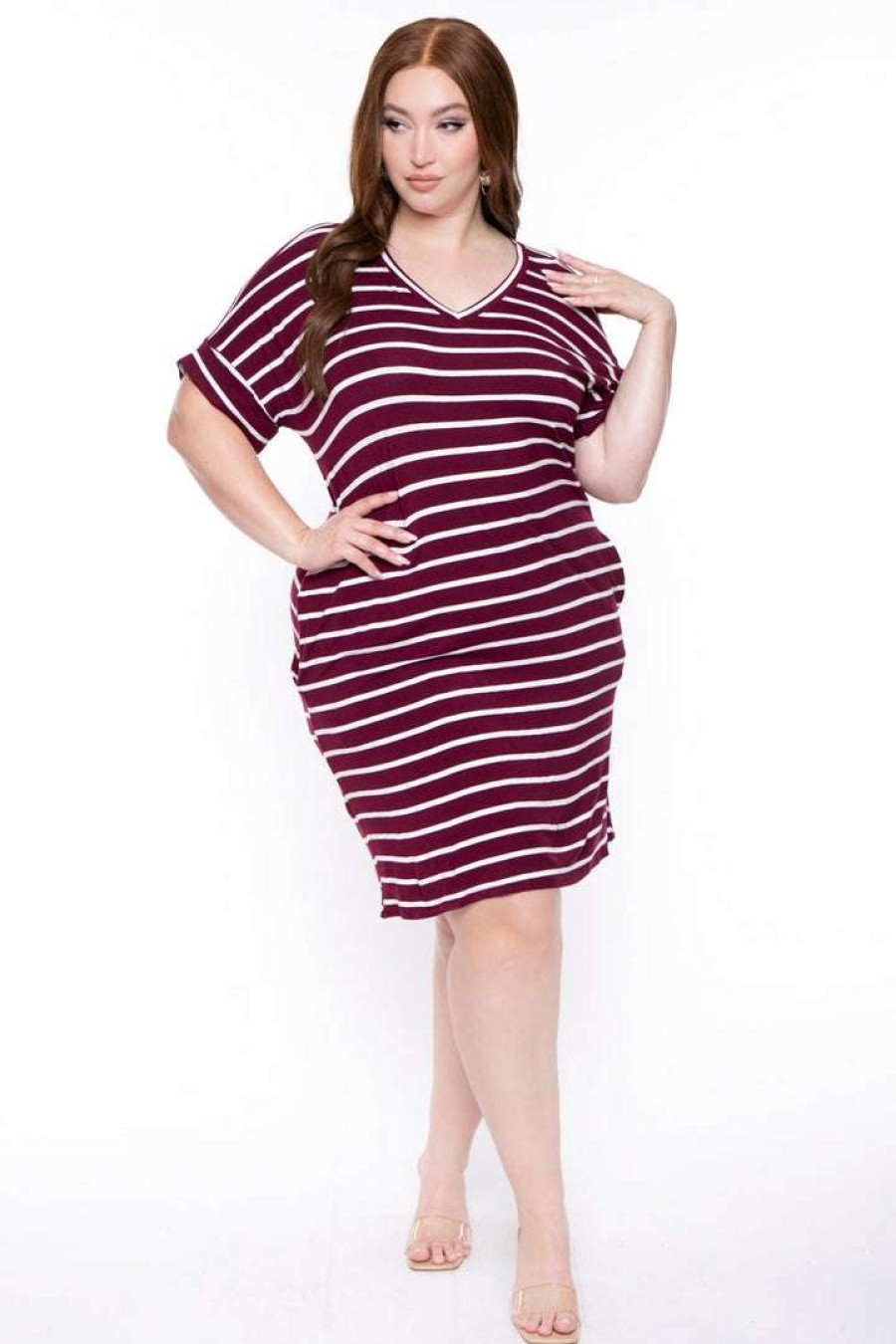 Dresses * | Zenana New Arrivals Plus Size Striped Basic T-Shirt Dress Dark Burgundy