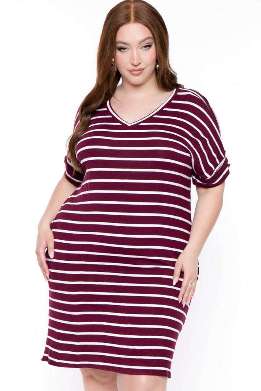 Dresses * | Zenana New Arrivals Plus Size Striped Basic T-Shirt Dress Dark Burgundy