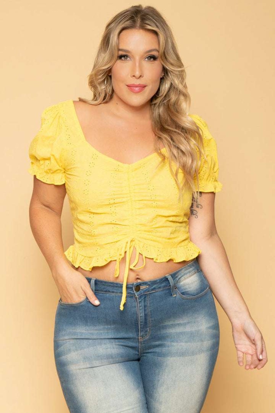 Tops * | Ambiance New Arrivals Plus Size Brin Eyelet Top Yellow