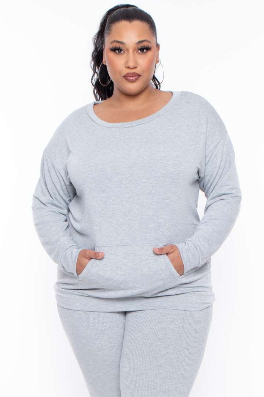 Sets * | Curvy Sense Plus Size Essential Sweatshirt Pullover Essential Mix Heather Grey