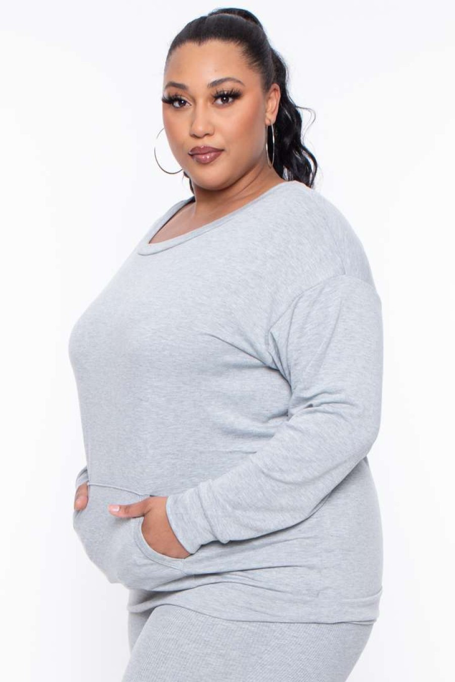 Sets * | Curvy Sense Plus Size Essential Sweatshirt Pullover Essential Mix Heather Grey