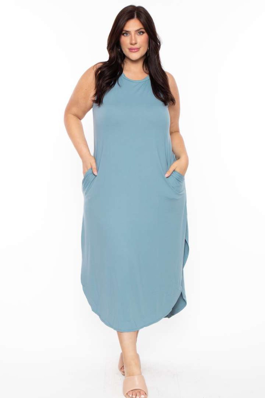 Dresses * | Zenana Dresses Plus Size Tank Maxi T-Shirt Dress Blue Grey