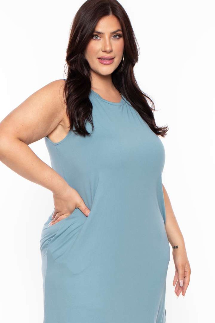 Dresses * | Zenana Dresses Plus Size Tank Maxi T-Shirt Dress Blue Grey