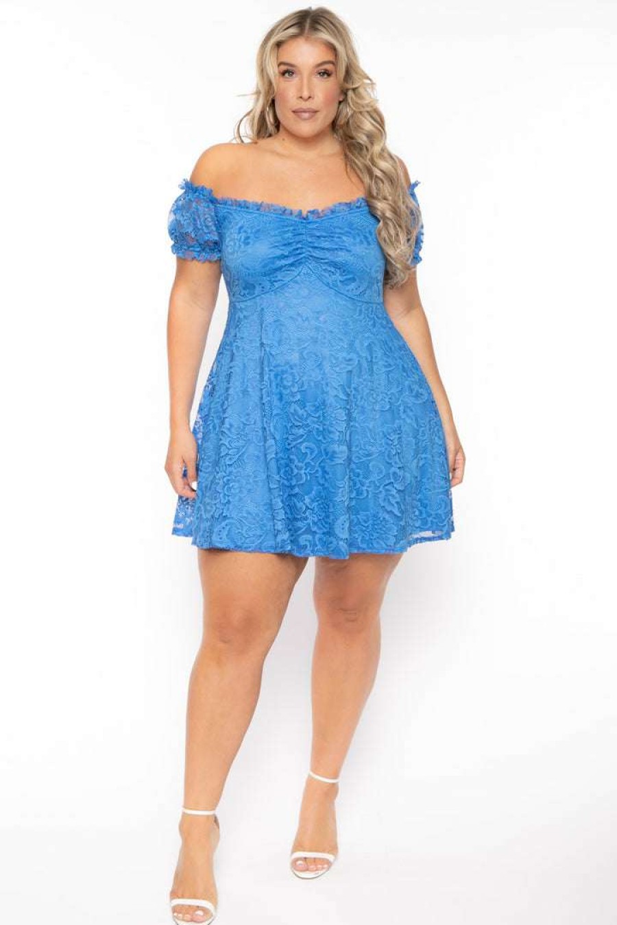 Dresses * | Curvy Sense Plus Size Veronica Flower Lace Dress Blue