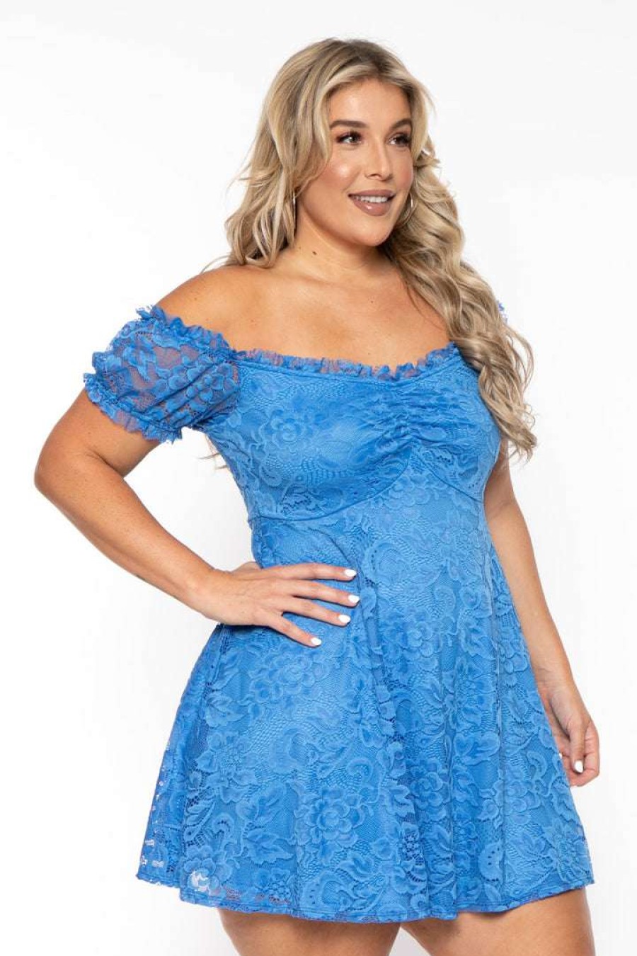 Dresses * | Curvy Sense Plus Size Veronica Flower Lace Dress Blue