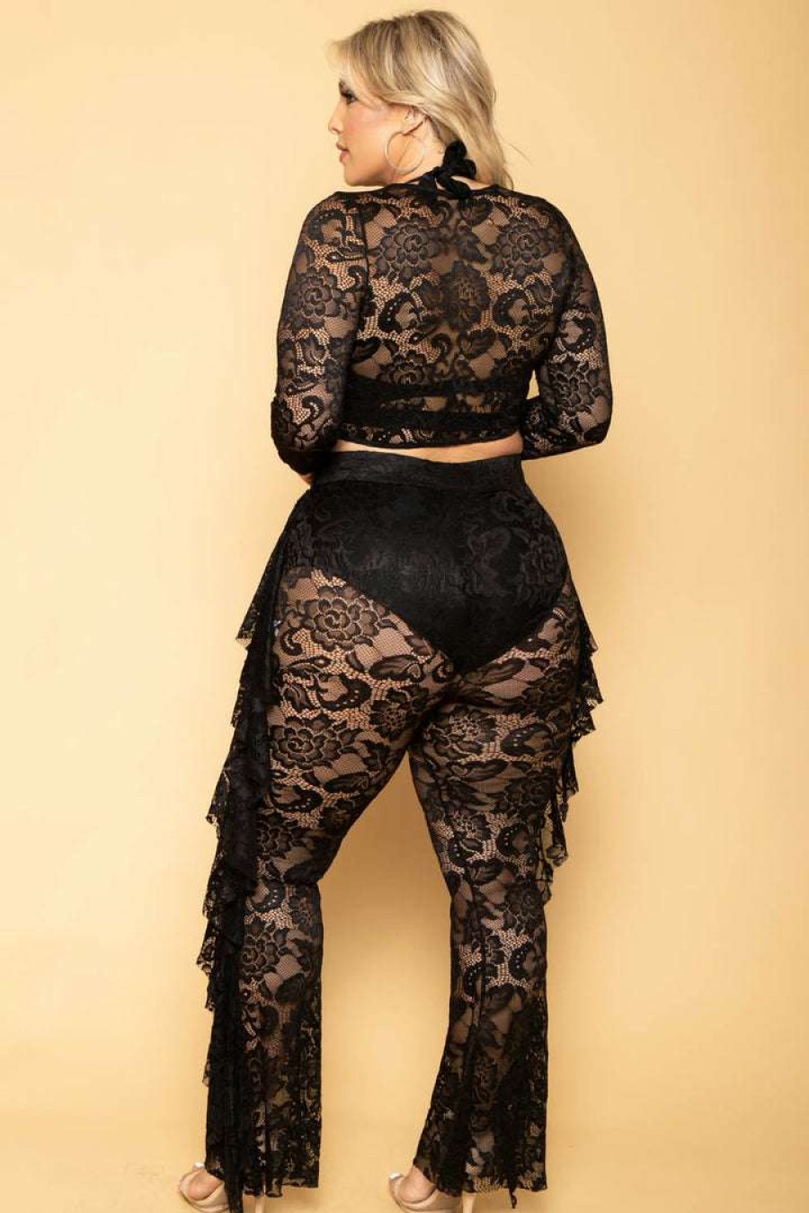 Sets * | Curvy Sense Sets Plus Size Floral Lace Top & Ruffle Pants Set Black