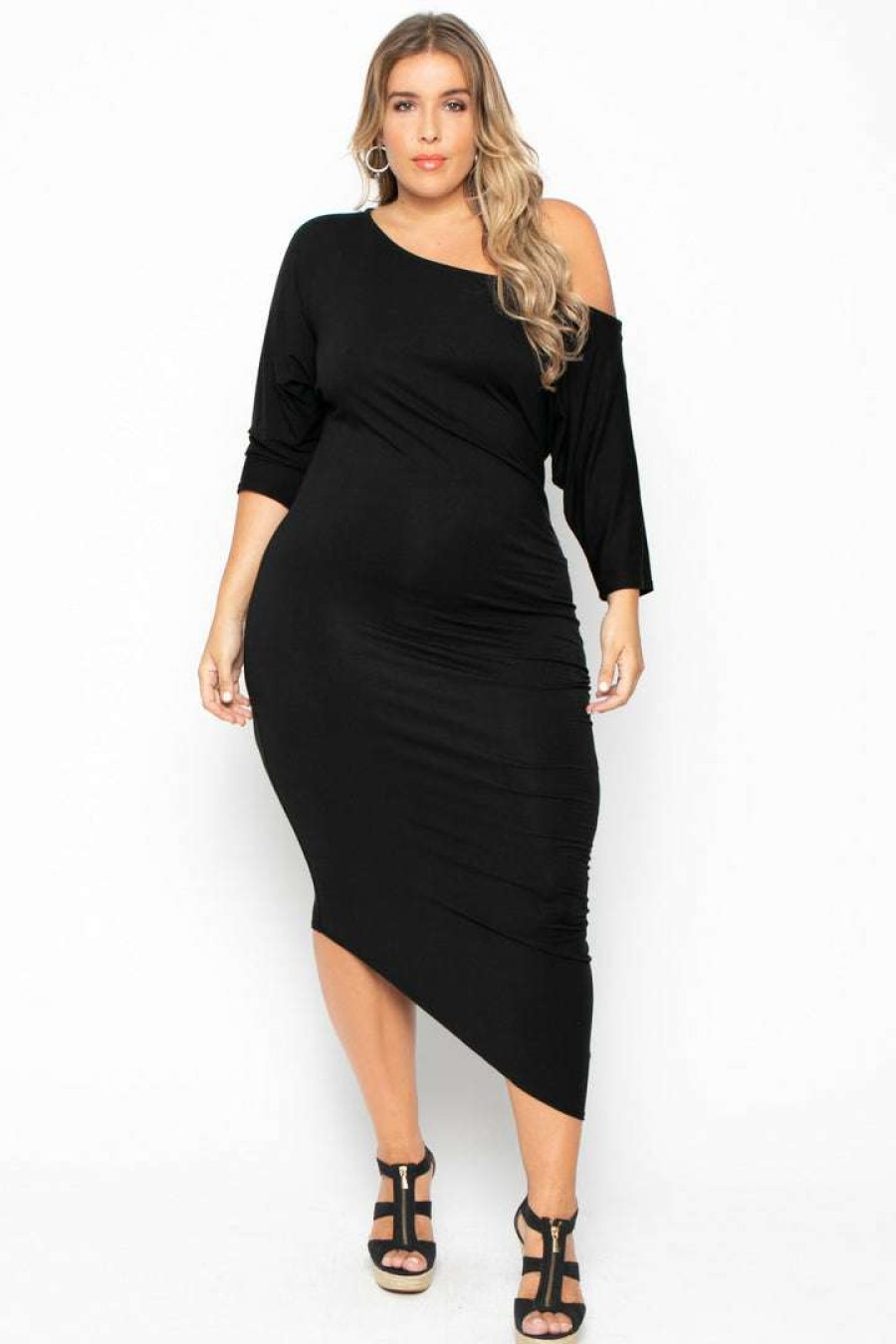 Dresses * | Curvy Sense Back In Stock Plus Size Asymmetric Knit Dress Black