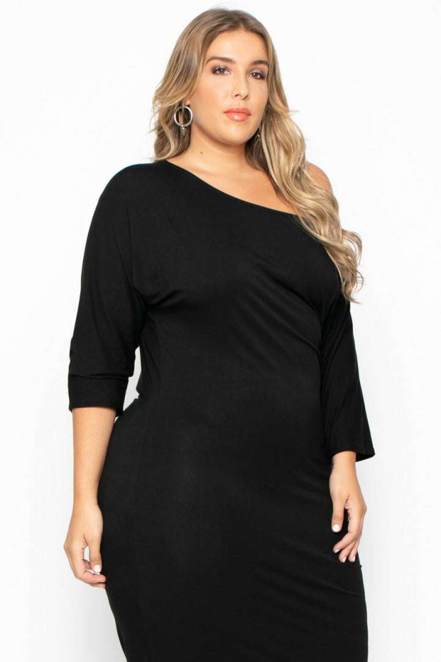 Dresses * | Curvy Sense Back In Stock Plus Size Asymmetric Knit Dress Black