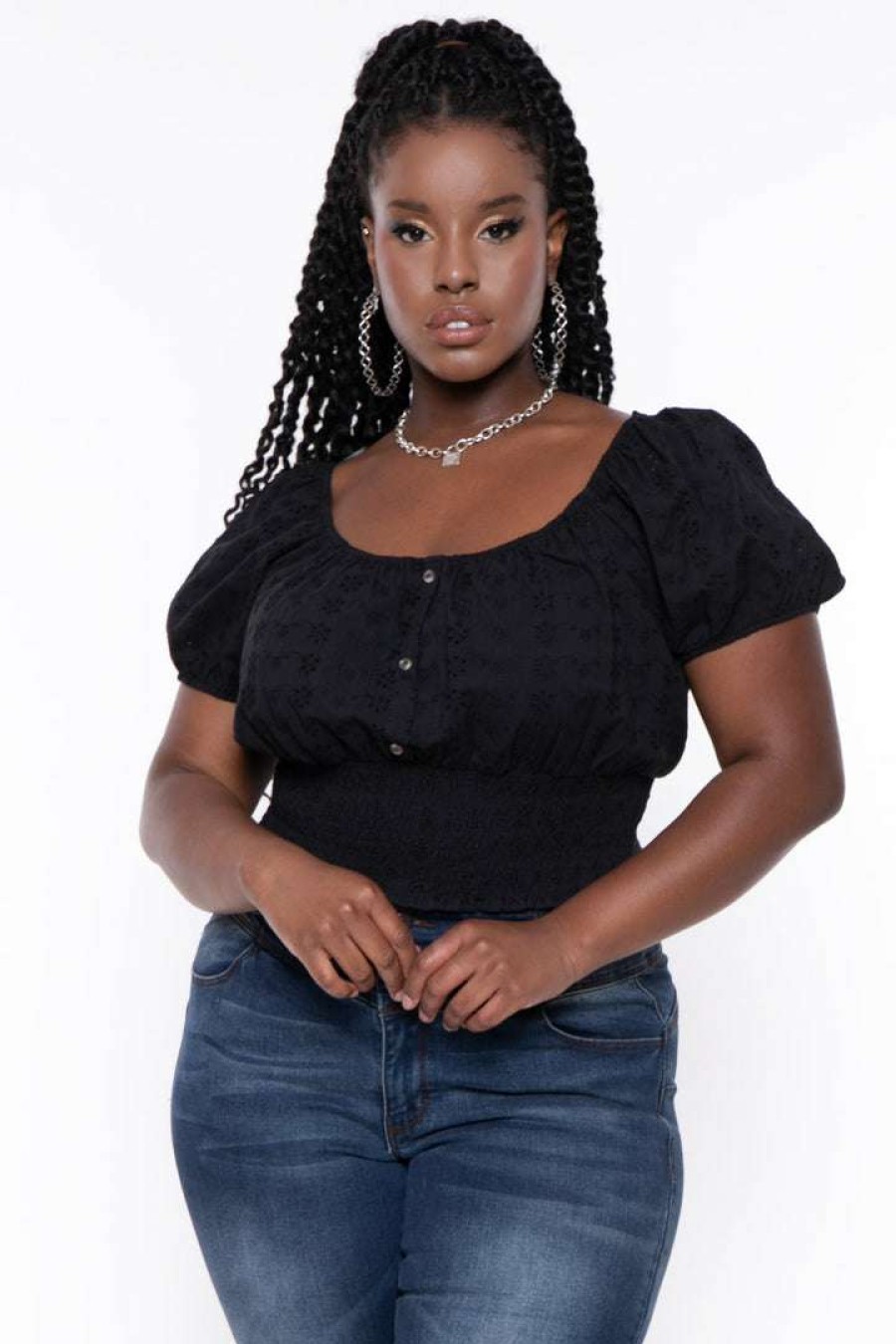 Tops * | Ambiance Plus Size Lillian Eyelet Top Black