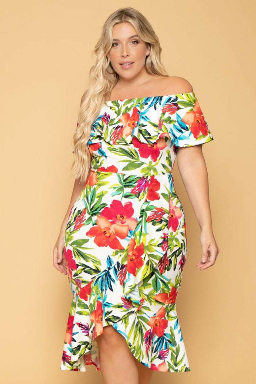 Dresses * | Solid New Arrivals Plus Size Luisa Floral Ruffle Dress White