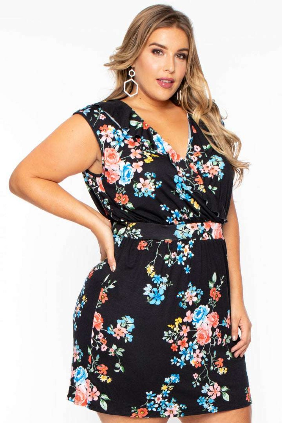 Dresses * | Curvy Sense Back In Stock Plus Size Floral Tina Dress Floral Black