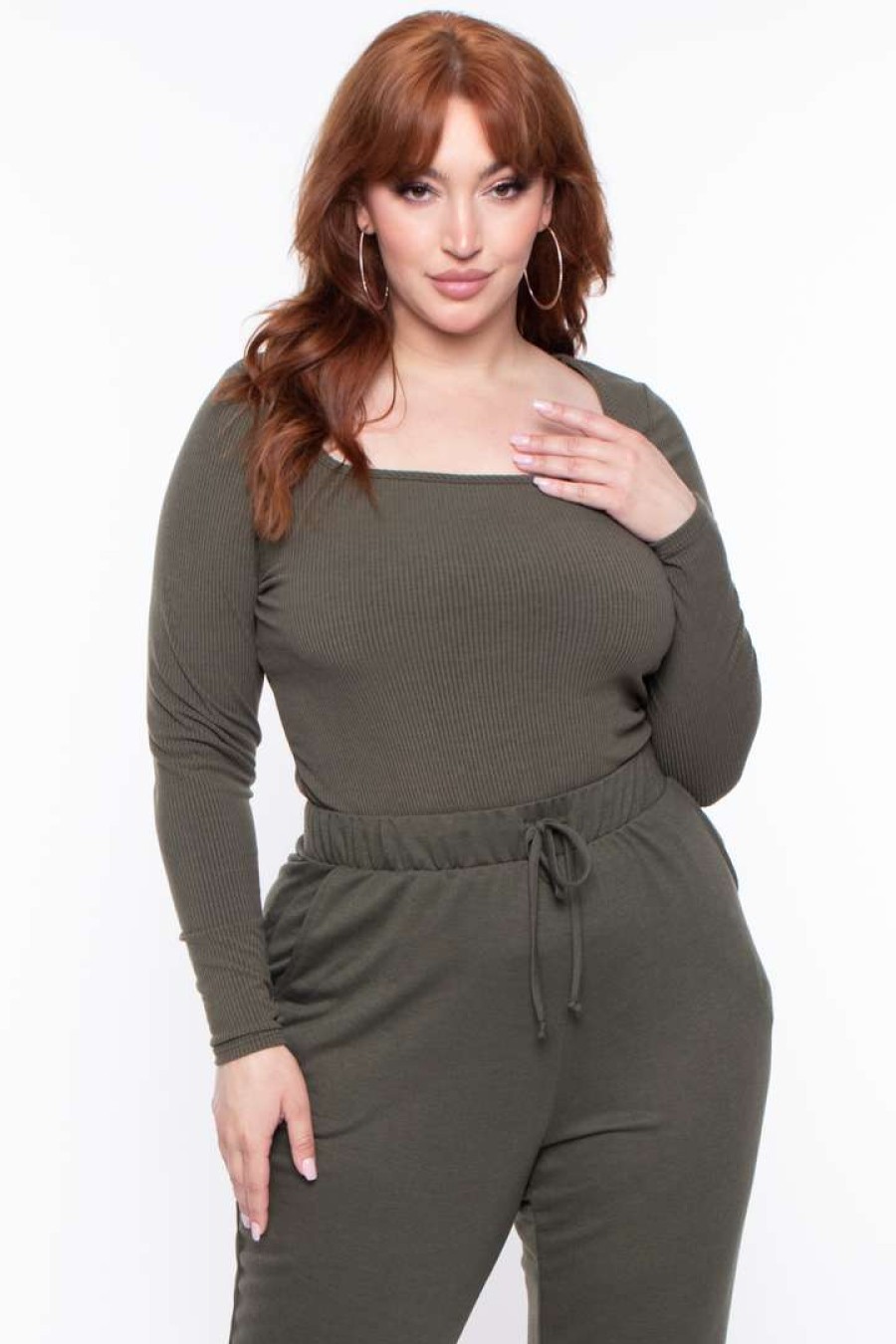 Sets * | Curvy Sense Plus Size Essential Ribbed Top Olive