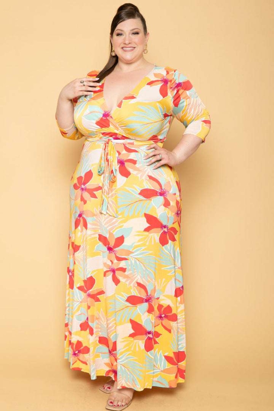 Dresses * | Solid Plus Size Kia Tropical Floral Maxi Dress Orange