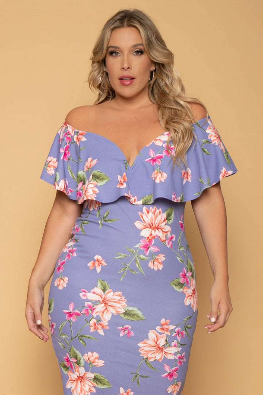 Dresses * | Curvy Sense New Arrivals Plus Size Floral Frill Bodycon Dress Lavender