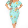 Dresses * | Curvy Sense Plus Size Floral Frill Bodycon Dress Aqua