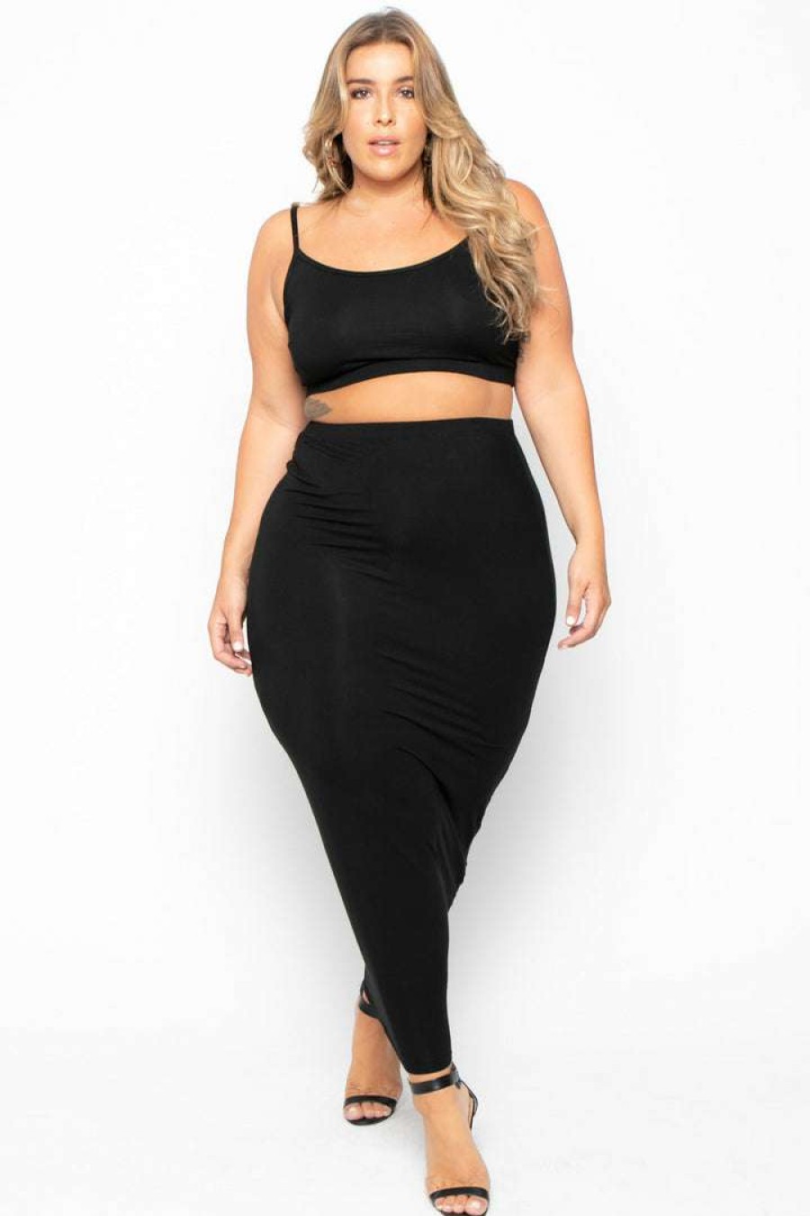 Sets * | Curvy Sense Plus Size Connie Crop Top & Skirt Set Black