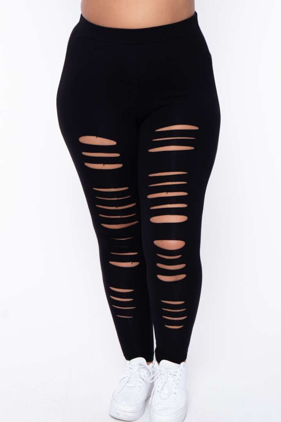 Bottoms * | Curvy Sense Plus Size Distressed Leggings Back In Stock Black