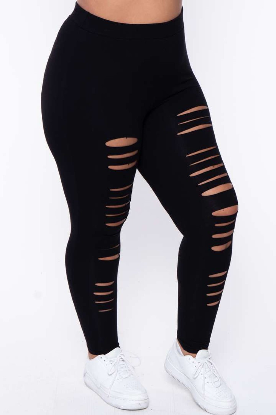 Bottoms * | Curvy Sense Plus Size Distressed Leggings Back In Stock Black