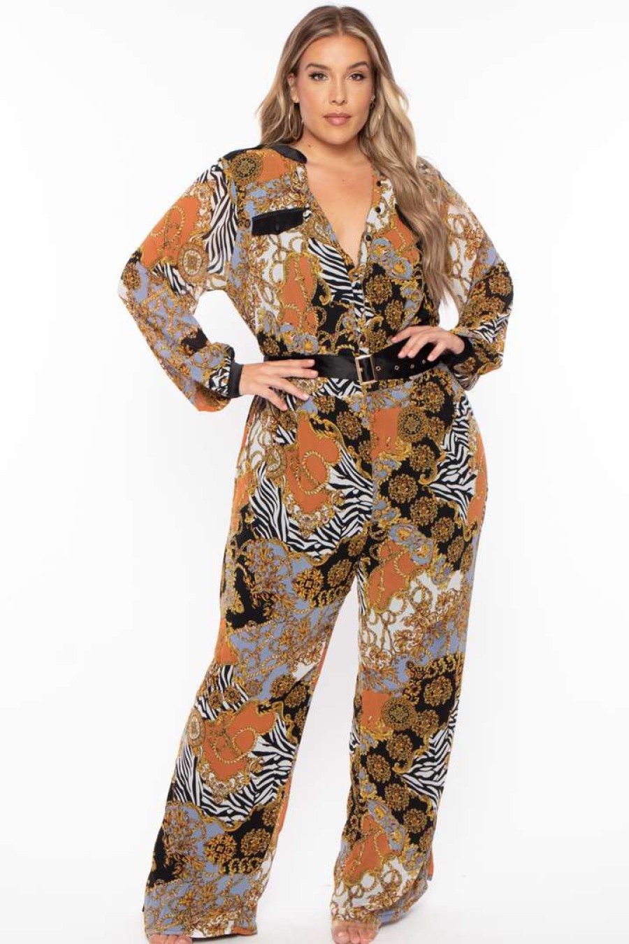 Jumpsuits * | Miss Avenue Plus Size Kendra Printed Jumpsuit Rust