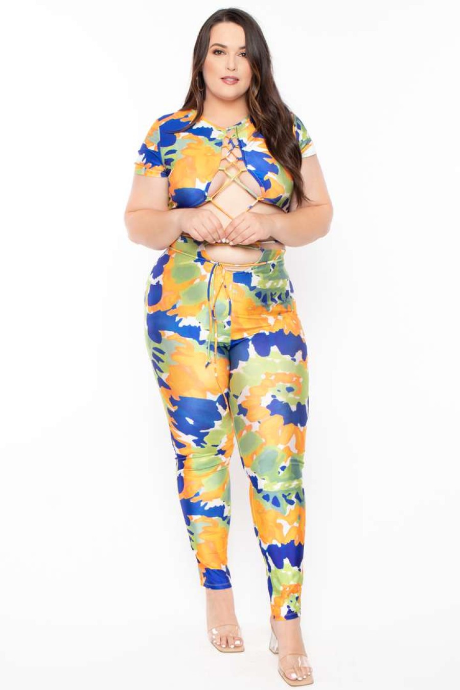 Jumpsuits * | Highlight Plus Size Abstract Print Cut Out Catsuit Party Jumpsuilts Orange/Blue