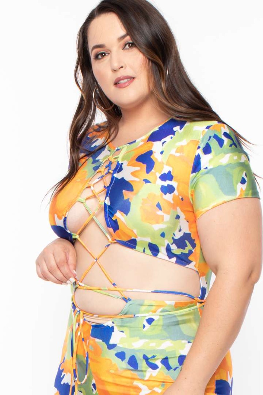 Jumpsuits * | Highlight Plus Size Abstract Print Cut Out Catsuit Party Jumpsuilts Orange/Blue