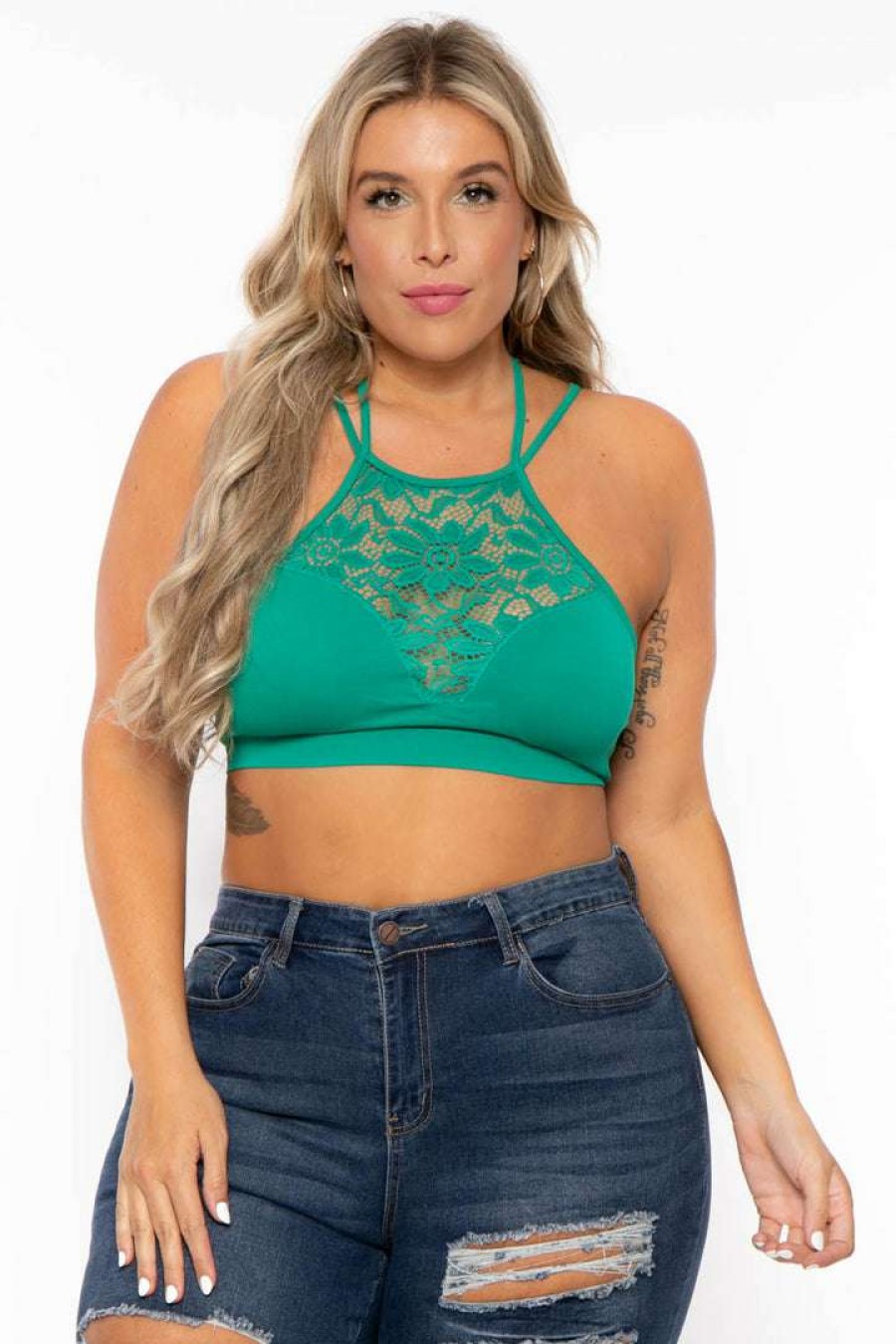 Tops * | Zenana Plus Size Lace Trim Bralette Green