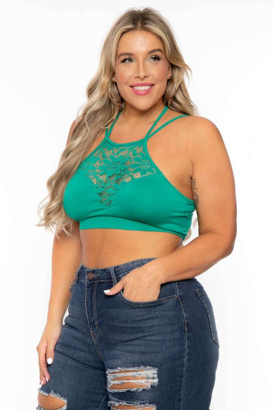 Tops * | Zenana Plus Size Lace Trim Bralette Green