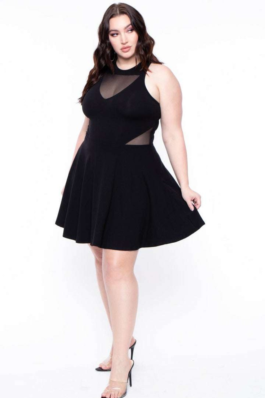 Dresses * | Curvy Sense Little Styles Plus Size Mesh-Inset Flare Dress Black