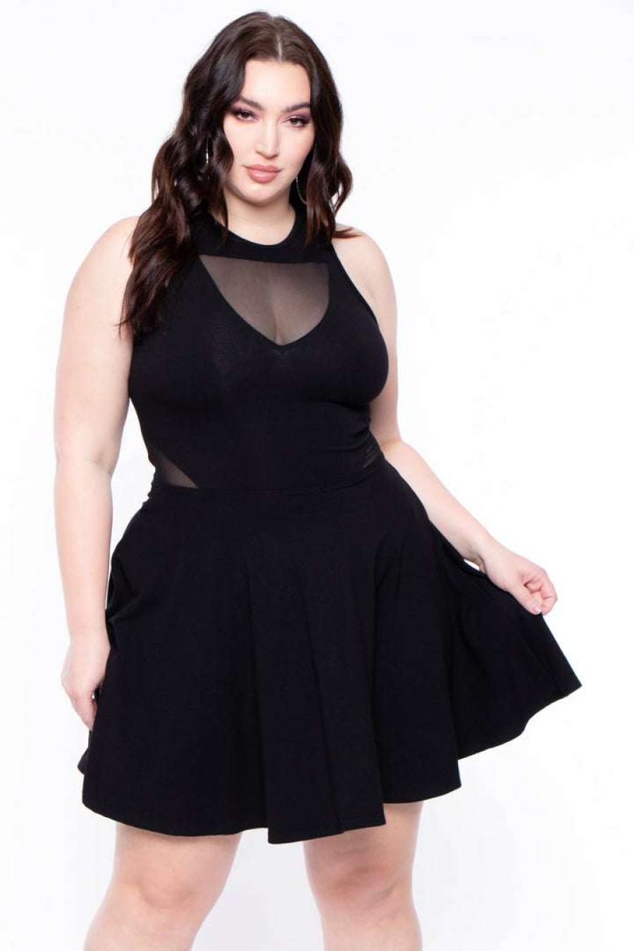 Dresses * | Curvy Sense Little Styles Plus Size Mesh-Inset Flare Dress Black