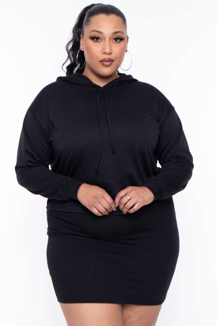 Sets * | Curvy Sense Essential Mix Plus Size Essential Cropped Hoodie Black