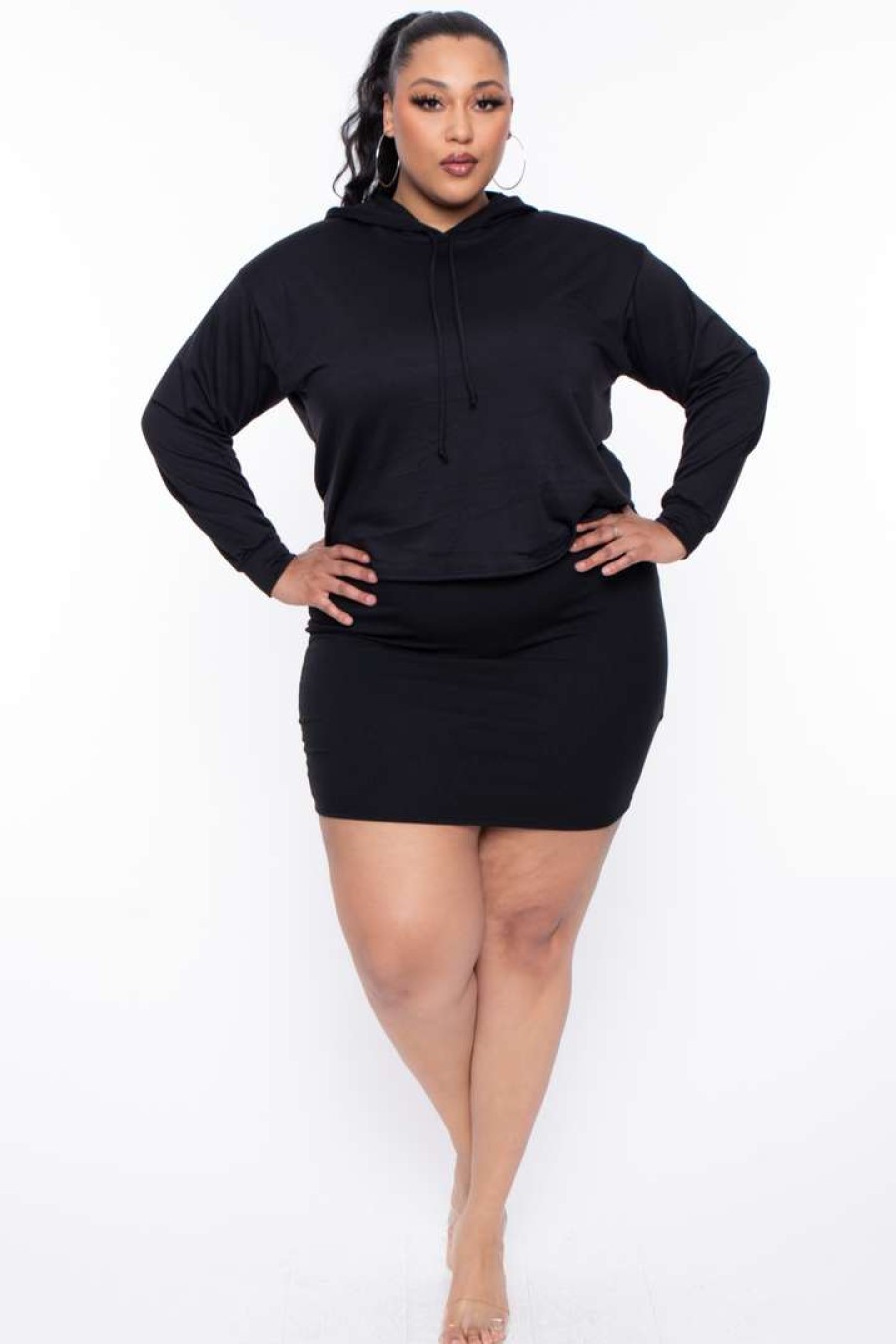 Sets * | Curvy Sense Essential Mix Plus Size Essential Cropped Hoodie Black