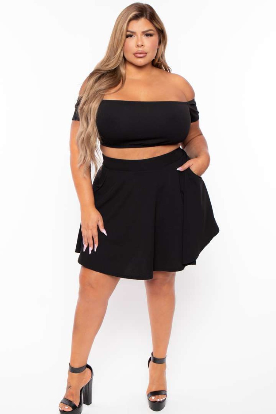 Sets * | Curvy Sense Plus Size Dioceline Off Shoulder Crop Top & Skirt Set Matching Sets Black