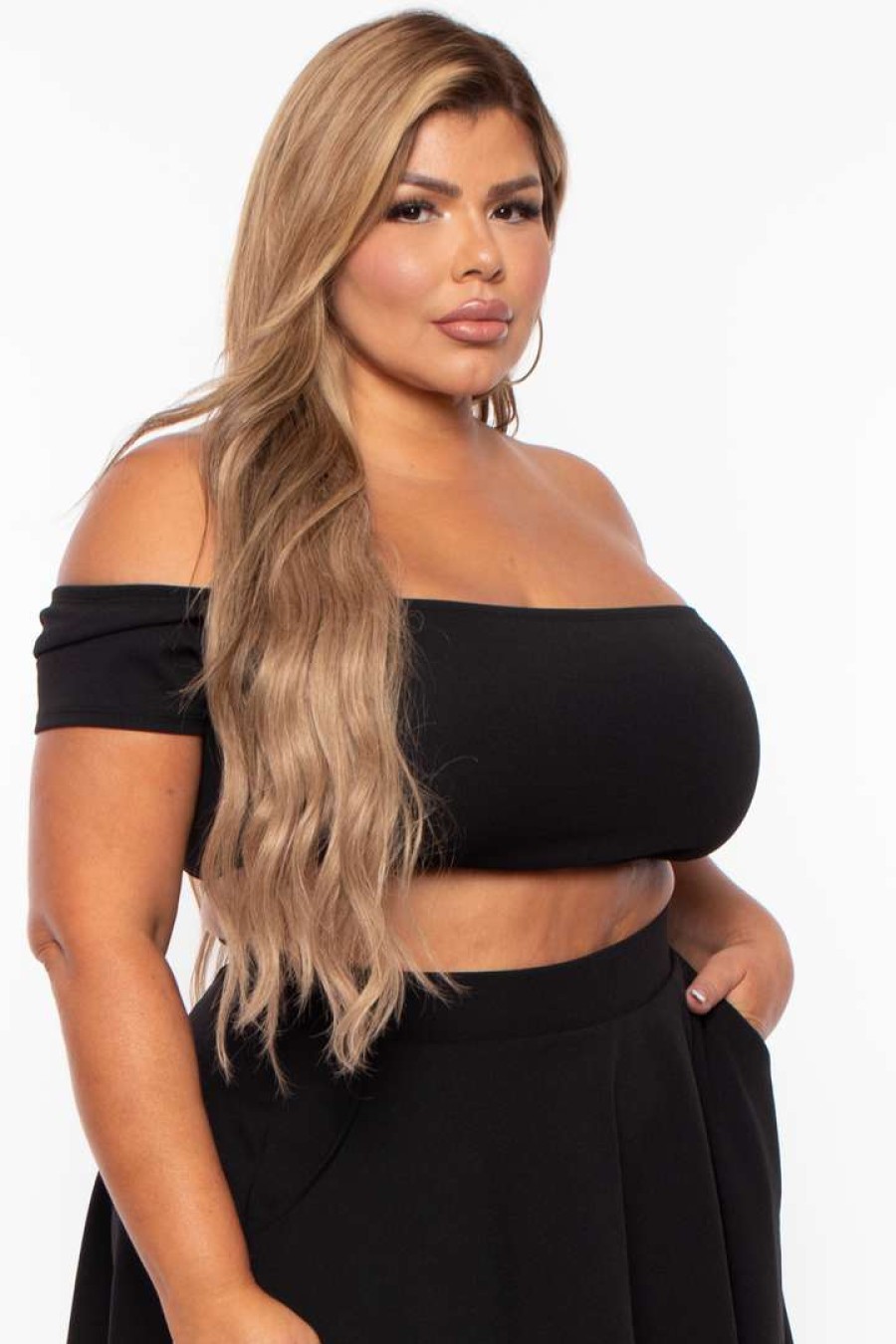 Sets * | Curvy Sense Plus Size Dioceline Off Shoulder Crop Top & Skirt Set Matching Sets Black