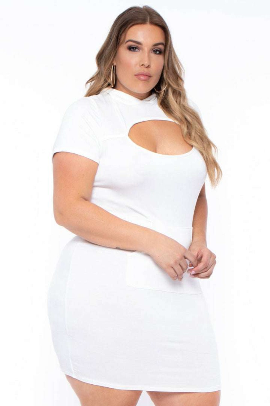 Dresses * | Curvy Sense Plus Size Cutout Hoodie Dress Dresses Ivory