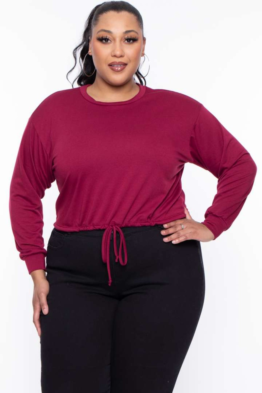 Sets * | Curvy Sense Essential Mix Plus Size Essential Cropped Pullover Sweatshirt Burgundy