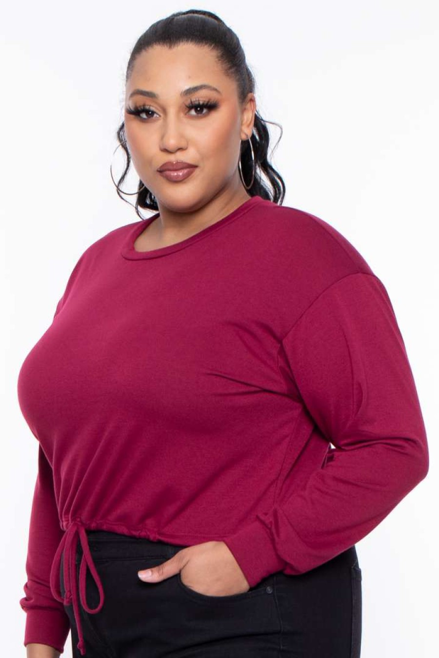 Sets * | Curvy Sense Essential Mix Plus Size Essential Cropped Pullover Sweatshirt Burgundy