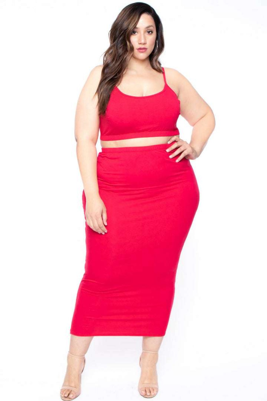 Sets * | Curvy Sense Plus Size Connie Crop Top & Skirt Set Red