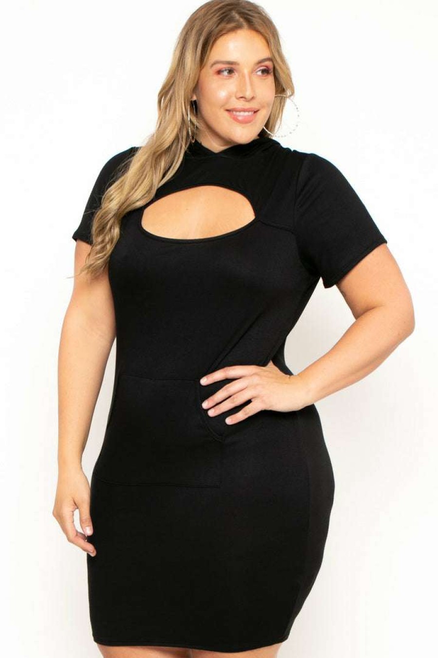 Dresses * | Curvy Sense Plus Size Cutout Hoodie Dress Black