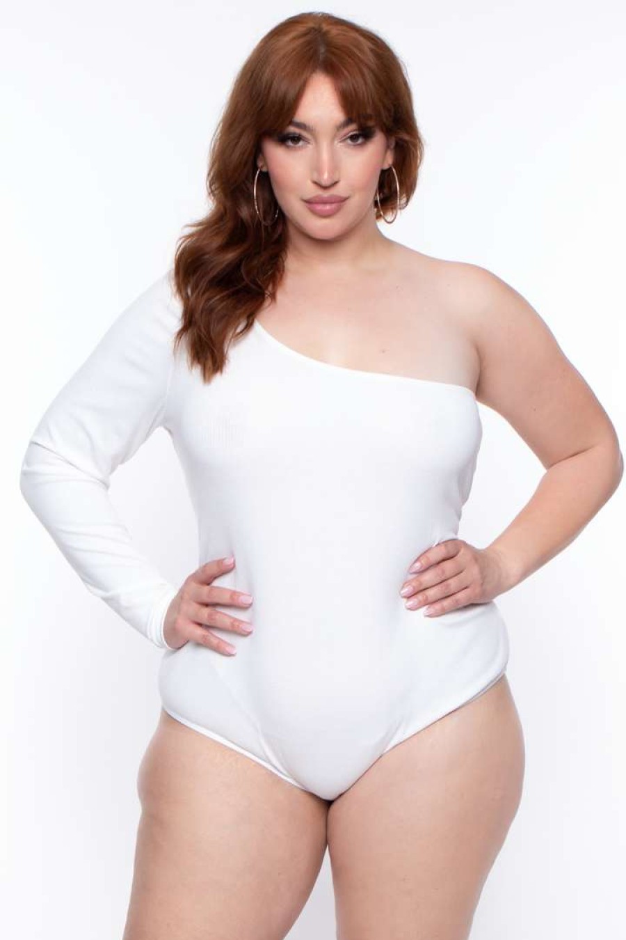 Sets * | Curvy Sense Plus Size Essential Ribbed Asymmetric Bodysuit Ivory