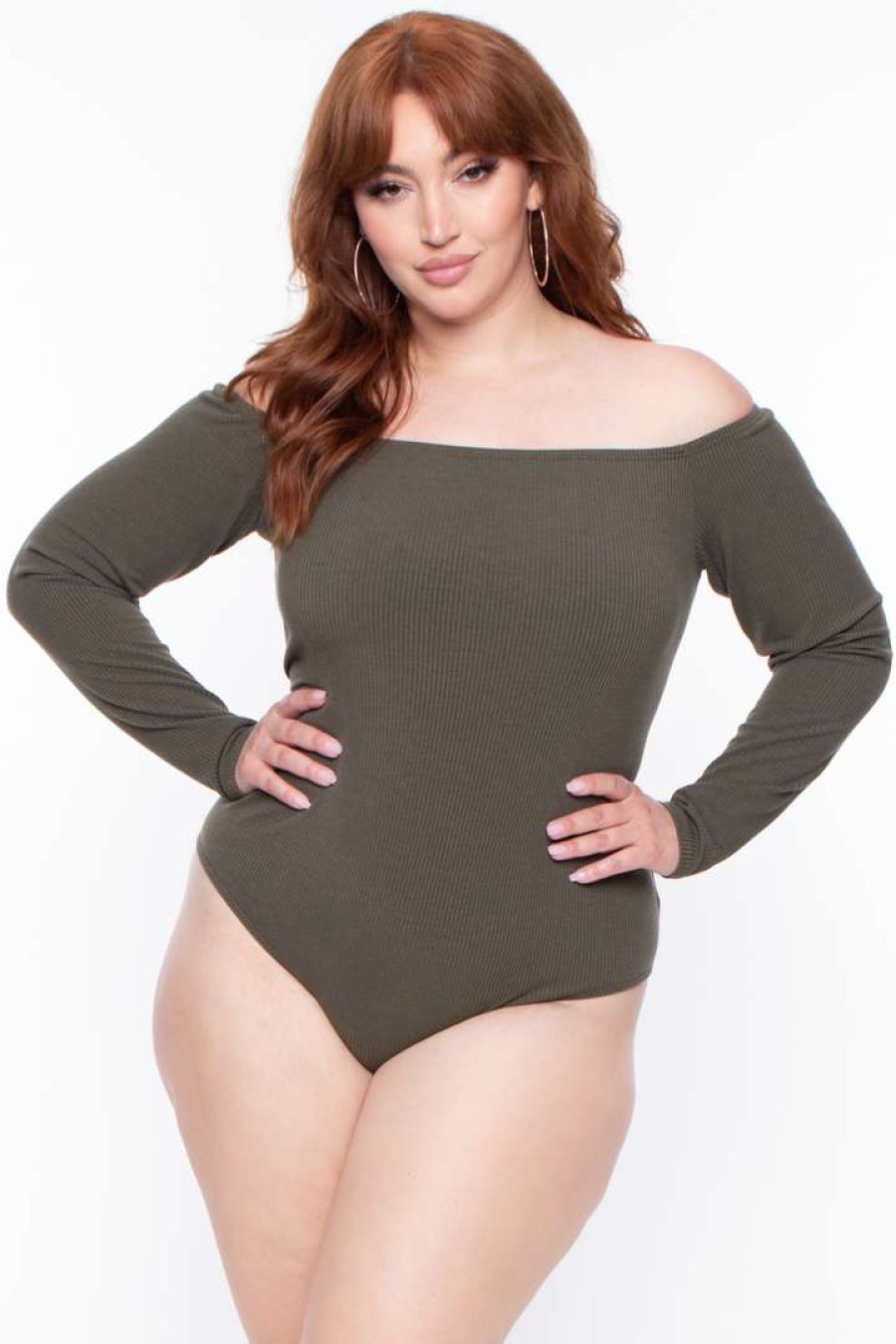 Sets * | Curvy Sense Plus Size Essential Ribbed Off The Shoulder Bodysuit Essential Mix Olive