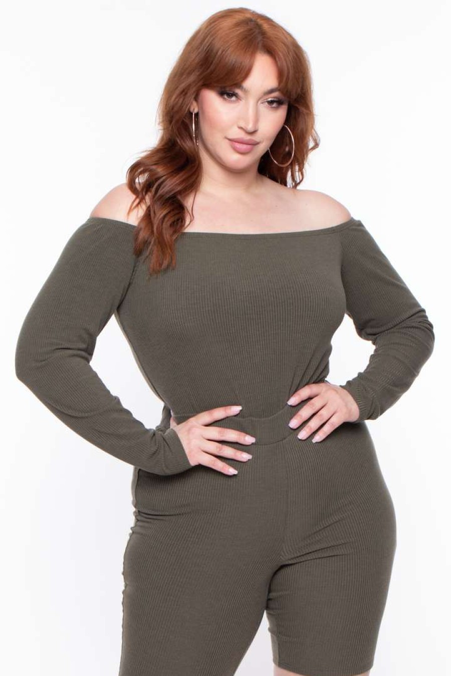 Sets * | Curvy Sense Plus Size Essential Ribbed Off The Shoulder Bodysuit Essential Mix Olive