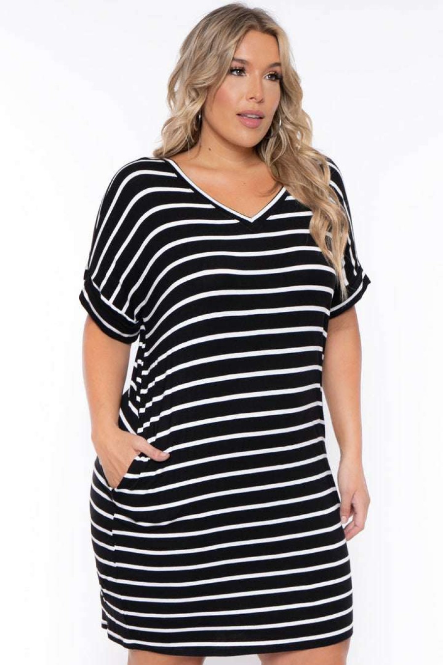 Dresses * | Zenana Plus Size Striped Basic T-Shirt Dress New Arrivals Black