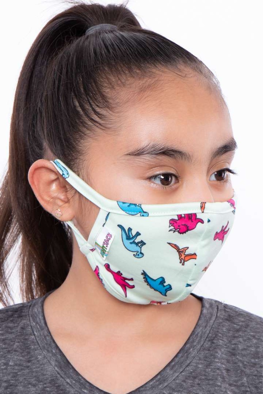 Accessories * | Curvy Sense Face Masks Kids Washable Fun Patterns Face Mask ( Ages 4 11 ) Dino Seafoam